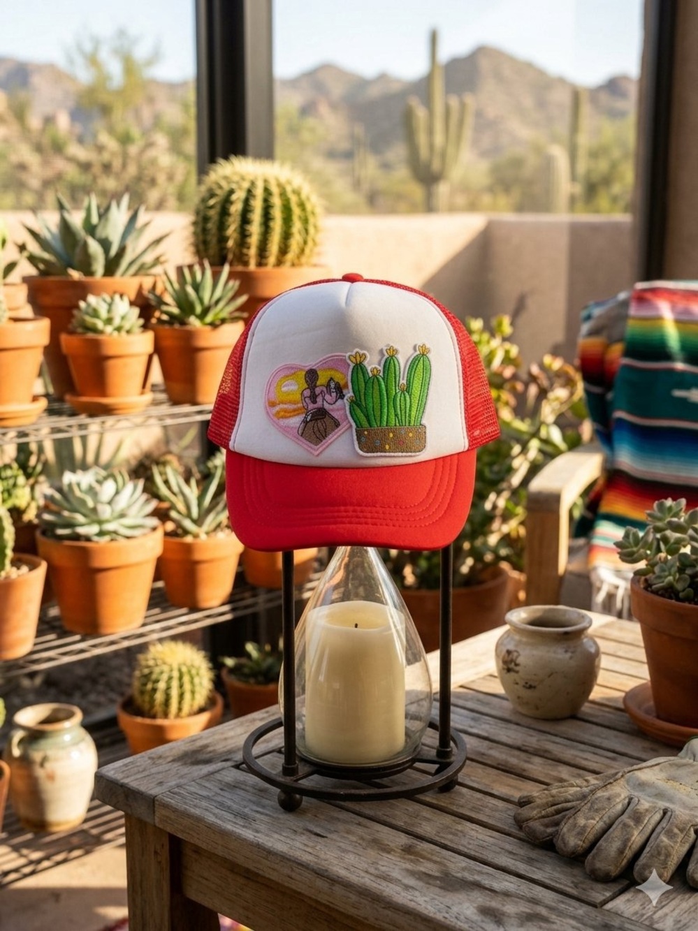 Red and White Trucker Hat with Cactus Patch by
